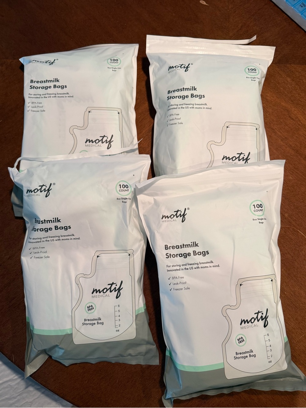 Bundle of 4 Motif Breastmilk Storage Bags -
Each package is 100ct. Unopened bags